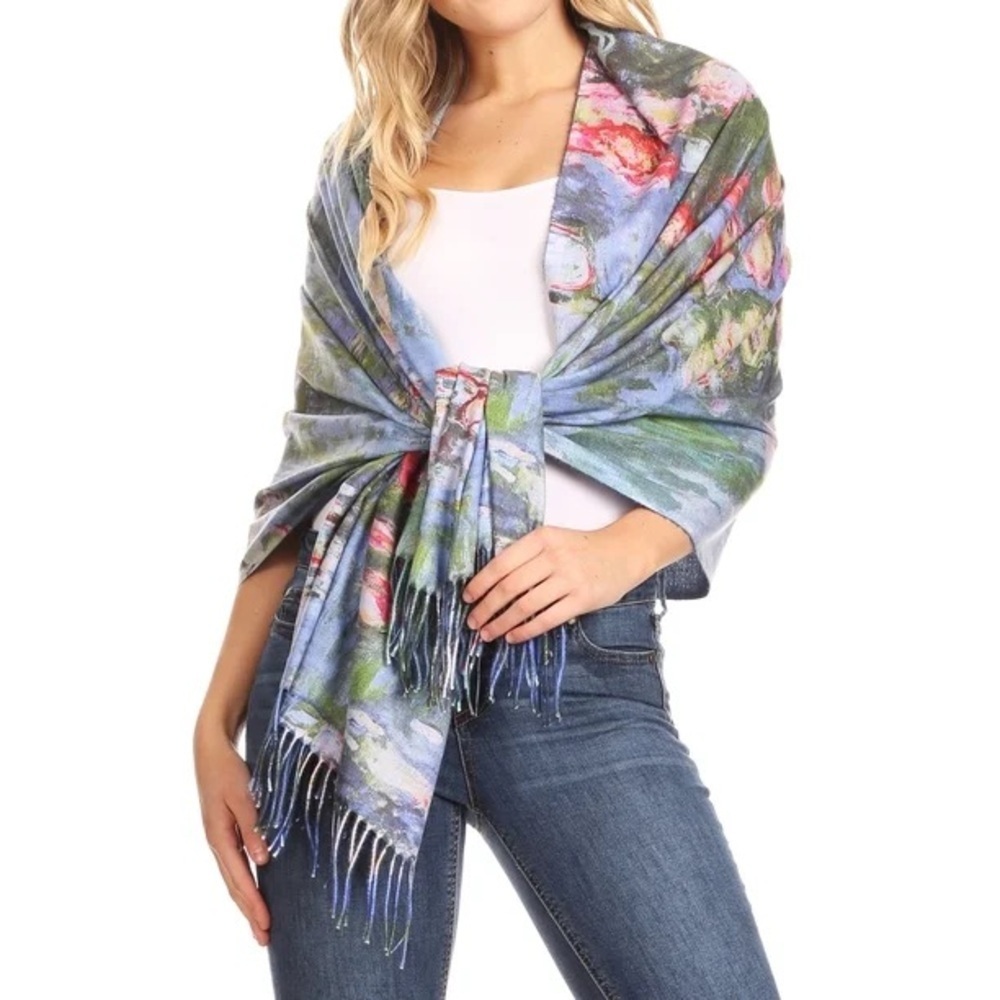 Monet Waterlilies Cashmere Blend Lightweight Colorful Shawl Scarf Wrap Stole